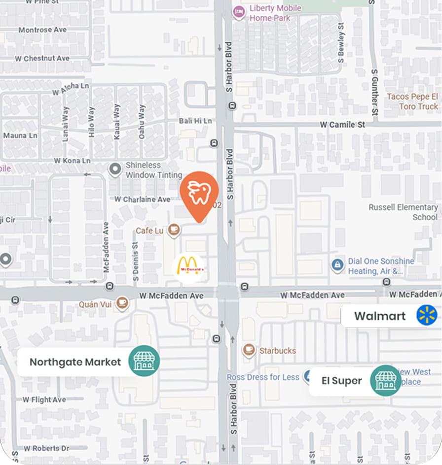 Google Maps showing Bunny Kids Dental location at 600 S Harbor Blvd, Santa Ana, CA