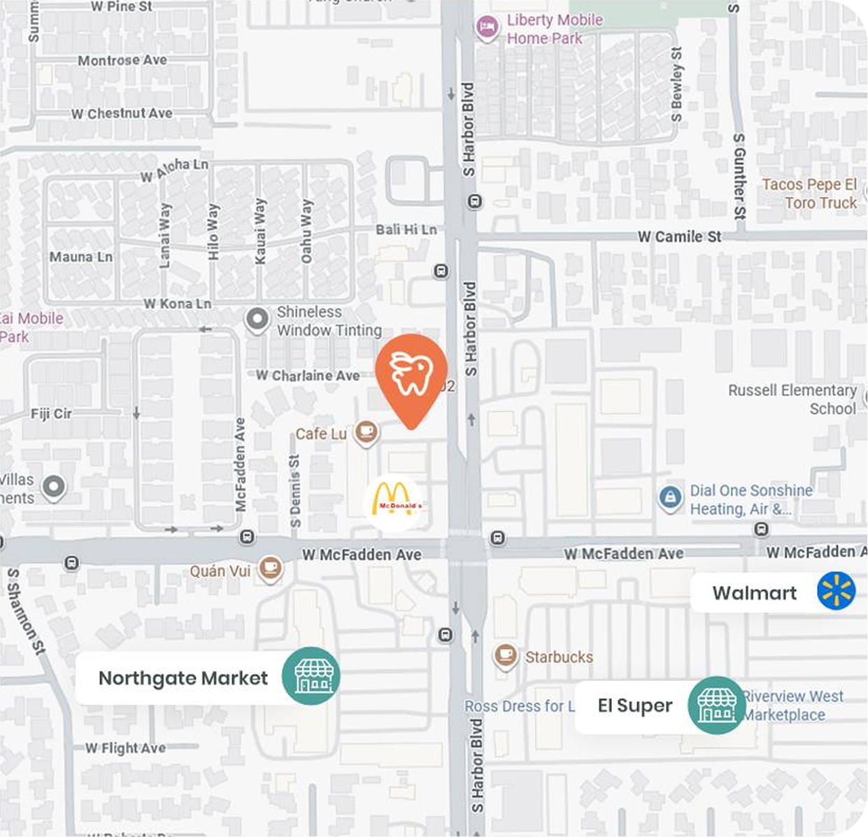 Google Maps showing Bunny Kids Dental location at 600 S Harbor Blvd, Santa Ana, CA